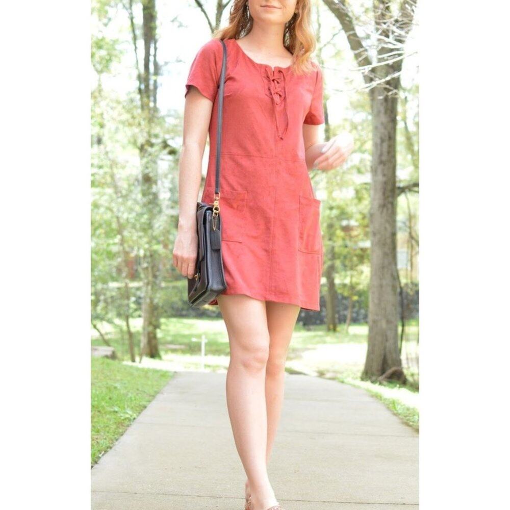 Hollister Womens Rusty Red Suede Lace-up Shift Mini Dress with Pockets Size XS